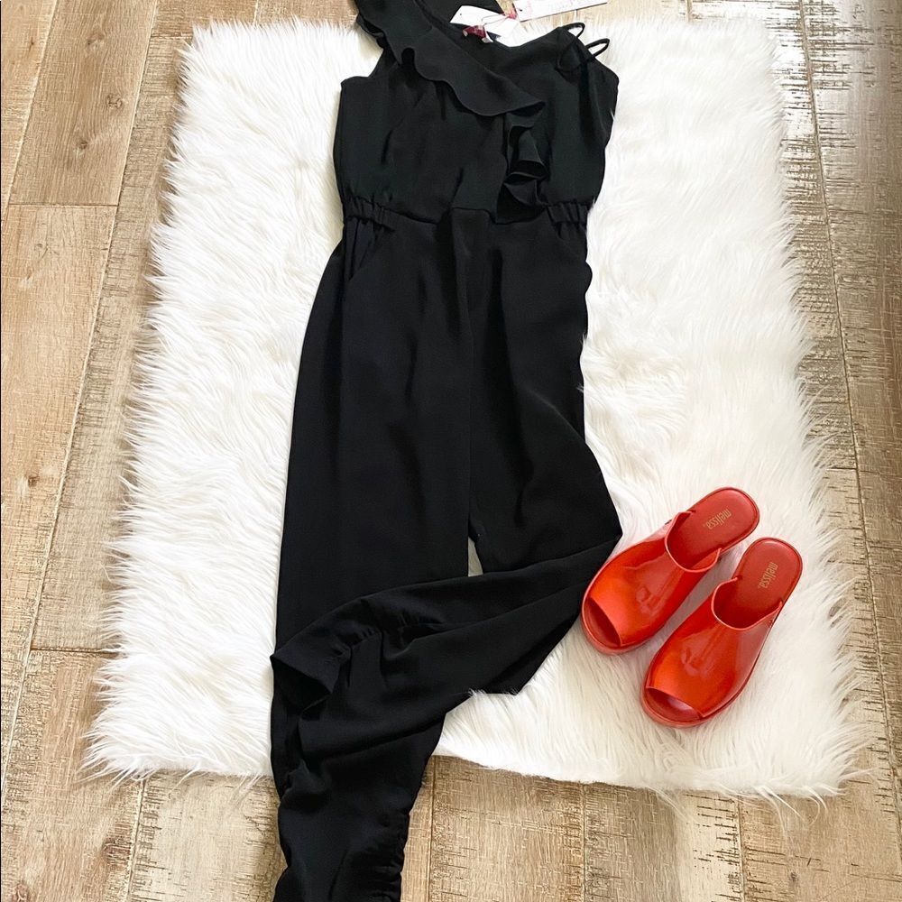 Nwt! Parker Addison Black Faux Wrap Asymmetric Shoulder Ruffle Jumpsuit 0 — image 2 of 8